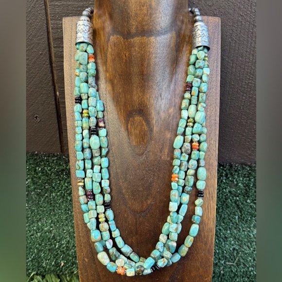 Sterling Silver Multi Strand Blue Green Turquoise Stone Bead Necklace 24 inch